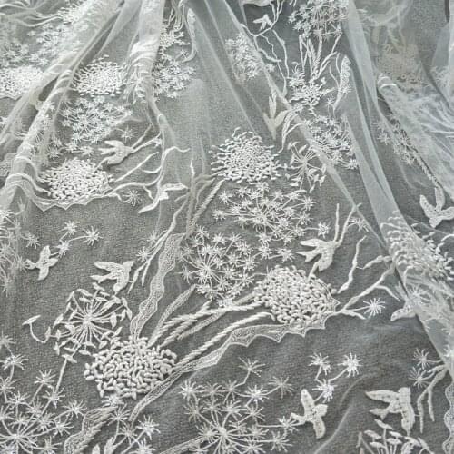 1Y/lot Off White Embroidery Dandelion Sewing Sequins Lace Fabric For Wedding Dress DIY Material
