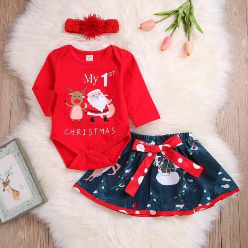 3pc Christmas Winter Newborn Baby Girls Long Sleeves Babysuit Bodysuit Romper Headband Bow Skirt Clothes Set 6 12 16 18 24 Month