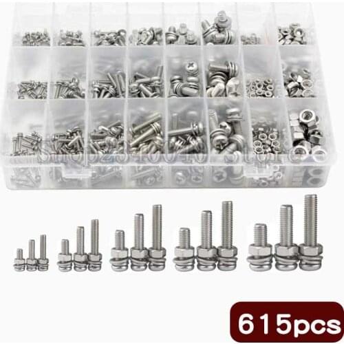 615pcs M2 M2.5 M3 M4 M5 M6 304 Stainless Steel Cross Recessed Pan Head Screws 3 in 1 Screws Bolts With Nut Washer Spring washer