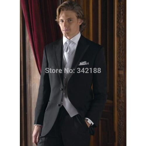 FREE shipping/Two buttons Peak Lapel Black Groom Tuxedos Groomsmen Mens Wedding Suits Best man Suits/wedding dress Suitswedding