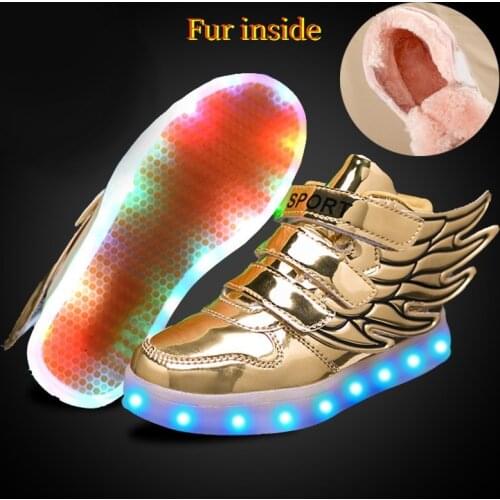 UncleJerry Children Glowing Shoes with wings for Boys and Girls LED Sneakers with fur inside Shoe for fun USB Rechargeable Shoes