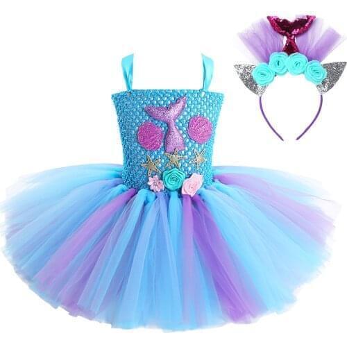 Girls Princess Mermaid Costume Dress Up Kids Scallop Starfish Rainbow Tutu Birthday Party Dresses with Headband Cosplay Dress