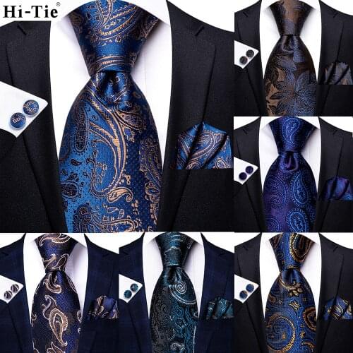 Hi-Tie Navy Blue Solid Paisley Silk Wedding Tie For Men Hanky Cufflinks Mens Necktie Set Business Party New Design Dropshipping