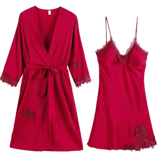 Lace 2PCS Satin Robe Set Women Kimono Bathrobe Sexy Female Sleepwear Bride Bridesmaid Dressing Gown Casual Nightdress Nightwear