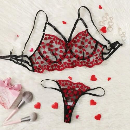 Women Sexy Lingerie Set Heart Embroidery Lace Bra G-string Thong Suit Ladies Temptation Underwire Underwear Set белье женское