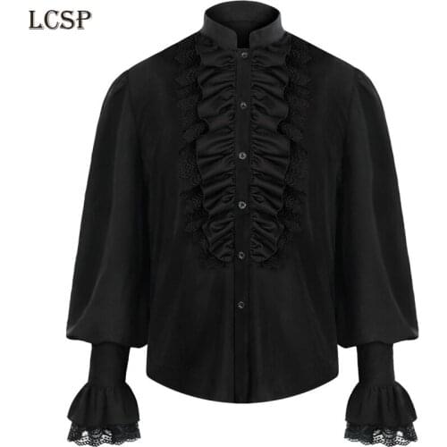 LCSP Medieval Pirate Noble Knight Folds Lace Shirt Costumes Middle Ages Renaissance Retro Stand Collar Shirt SCA LARP Cosplay
