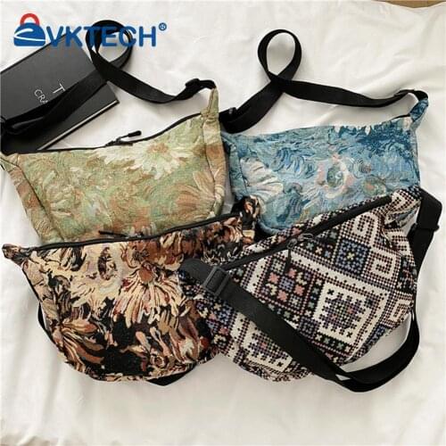 Ethnic Style Fashion Women Flower Printing Shoulder Crossbody Messenger Bag Casual Ladies Large Capacity Cloth Handbags