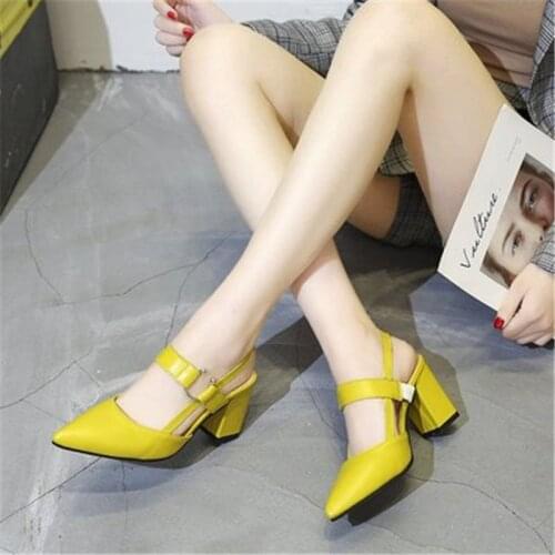 2020 Women Summer Sandals High Heel Sandals Mules Ladies Pointed Toe Chunky Heel Woman Dress Party Shoes PU Leather white yellow