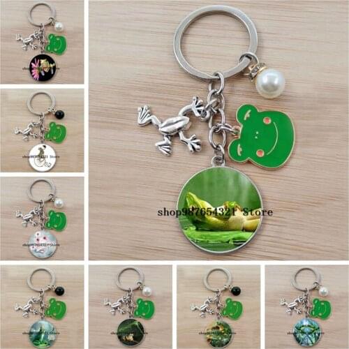 New cute naughty frog key chain gift round convex glass pendant key chain car bag jewelry
