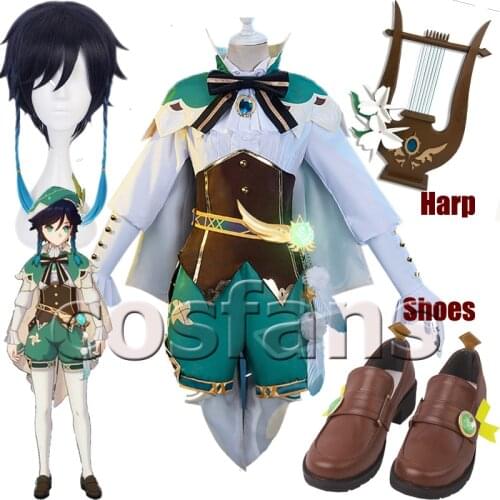 Game Genshin Impact Venti Cosplay Costume Genshin Impact Venti Cosplay PU Leather Shoes Halloween Carnival Cosplay PVC Harp Prop