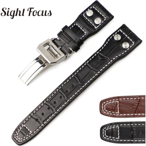 22mm Studded Genuine Leather Strap for IWC PILOT Mark 17 WATCHES Folding Buckle Croc Grain with Nail Watches Bands Accessories