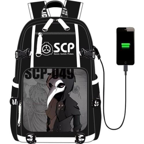 SCP USB Port Backpack Zipper Bag School Book Students Outdoor Shoulder Book Bag Rucksack Cosplay