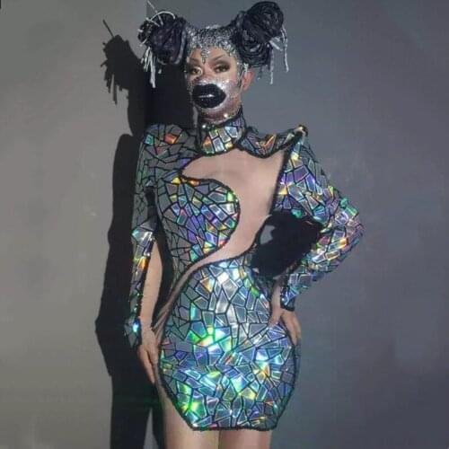 Sparkly Colorful AB Laser Sequins Dress Hollow Out Costume Women Singer Dancer Sexy Stage Wear Nightclub Bar Reflective Clothes