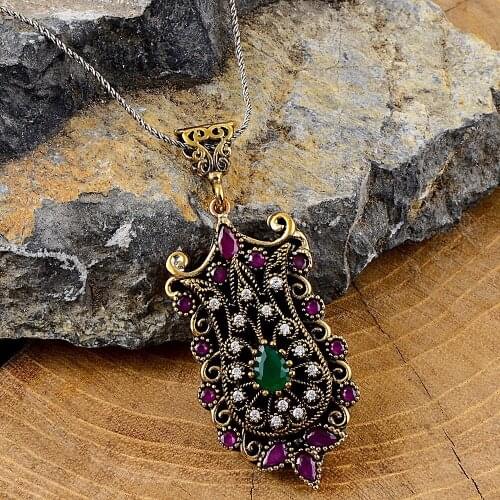 Silver Authentic Emerald And Sapphire Stone Necklace, Ottoman Style, Handmade, Made of 925 Sterling Silver