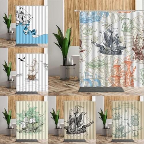 Sailboat Shower Curtain Sailing Boats Sea Navigation Curtains For Bedroom Waterproof Bath Screen Fabric Bathroom Decor Accessory