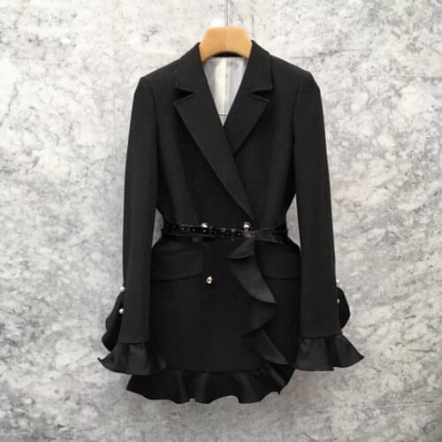 2020 Spring New Korean Fashion Ruffled Pearl Button Slim Waist Blazer Feminino Double-breasted High-end Suit Jacket Women f2897