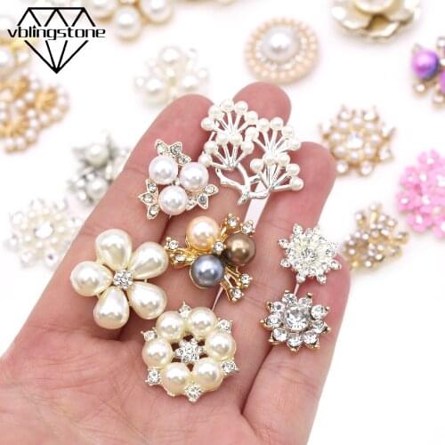 5/10Pcs Pearl Rhinestone Buttons Vintage Flower Button Metal Base Crystal Diamond Decorative Button For Clothing/Bows Sew Decor