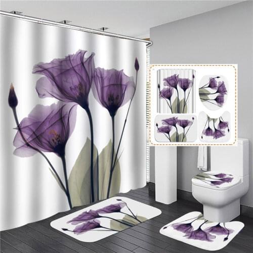 Tulips Lavender Hope Printed Waterproof Bath Shower Curtain Set Non-Slip Carpet Mat Floor Toilet Cover Home Bathroom Bathmat Rug
