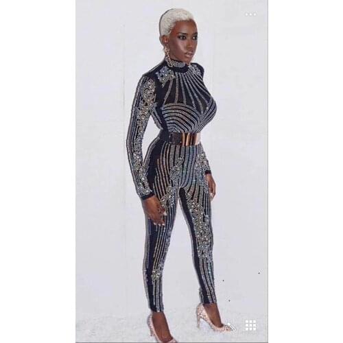 High Quality Celebrity Black Blue Khaki Hand Made Beading Bodycon Jumpsuit Evening Party Jumpsuit