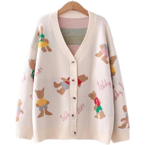 2021 New Spring Autumn Woman Japansee Cartoon Cardigan V-Neck Long Sleeve Knitted Sweater Tops Coat Student Loose Cardigan Lady