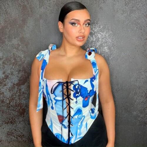 Female Vest, Floral Print Boat Neck Strappy Camisole Hollow Out Tops for Adults Women, Blue, S/M/L