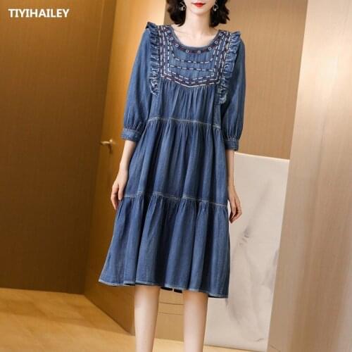 TIYIHAILEY Free Shipping 2020 New Three Quarter Knee Length Denim Dresses One-piece Women Vintage Embroidery Dress S-XL Jeans