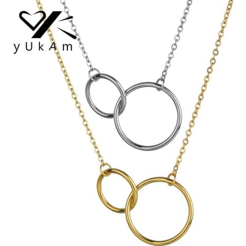 YUKAM Jewelry Stainless Steel Hollow Daughter Interlocking Double Circles Necklaces for Women Infinity Choker Silver Color Gold