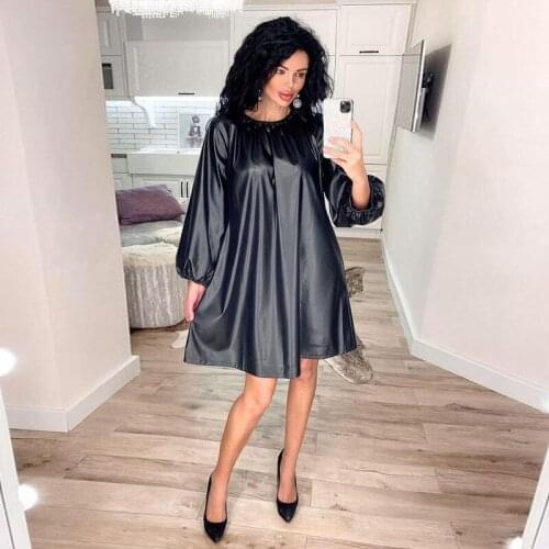 Women PU Fashion Vintage Loose Mid Dress Solid O Neck Lantern Sleeve Maternity Dress 2021 Spring New Office Lady Casual Dress