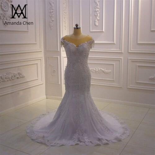 Robe soiree dubai Short Sleeve Lace Appliques Beads White Wedding Dress 2020