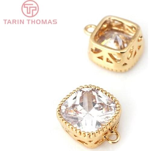 6PCS 6MM 7MM 8MM 24K Champagne Gold Color Brass with Zircon Rounded Square Charms Pendants High Quality Jewelry Accessories