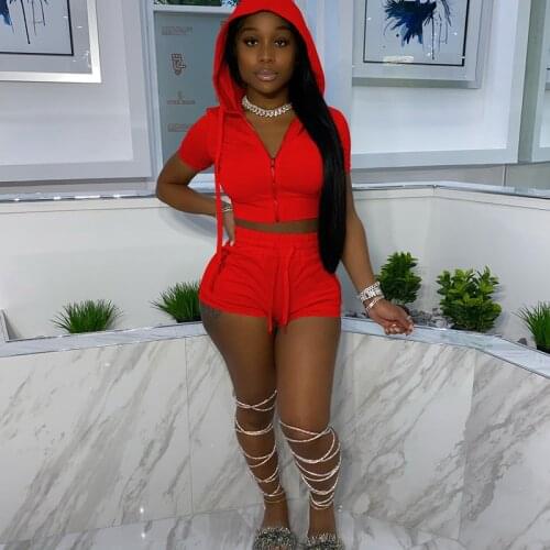 2021 Fashion Hoodie 2 Piece Set Casual Summer Outfit Sport Suit Women Sexy Short Sleeve Zip Crop Top+Shorts Tracksuit Streetwear