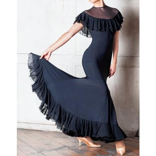 Ballroom dance modern dance ruffled lotus collar sleeveless ruffled lotus dress hem bif flare dress hem practice dress W17003