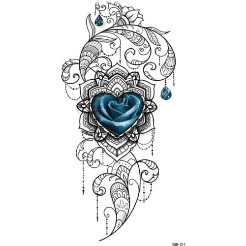 Big Size Blue Rose Fake Tattoo Sticker for Woman Girl Crystal Diamond Temporary Tattoos Waterproof Tatoo Body Transfer Tatto