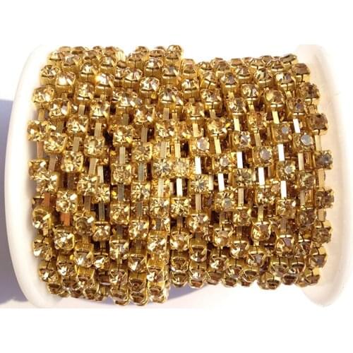 Sew on Crystal Strass Chain Lt.Col.Topaz SS6 to SS38 10 yards/roll Gold Base Rhinestone Chain