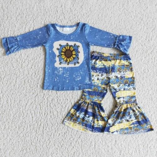 RTS Baby girls icing long sleeve raglan tee shirt top stripe bell bottom pants fall outfits 2pcs floral design clothing sets