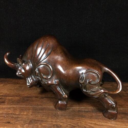 Home Decor 9"Tibet Buddhism Temple Old Bronze Cinnabars Zodiac Wangshi Bull Statue Lucky Bull Wall Street Bull Bullish ornaments