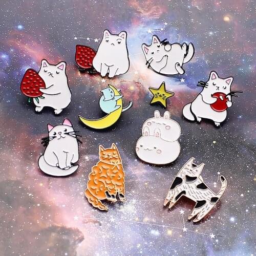 Cartoon Cat Kindergarten Enamel Pins Box Kitten strawberry Cherry Moon stars Hugging Cats Badge Brooch Lapel Animal Jewelry Gift