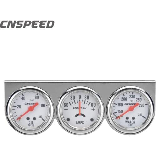 CNSPEED 2inch Chrome Panel Oil Pressure gauge Water Temp gauge Amp Meter Triple Gauge kit Set White Face Car meter YC101323