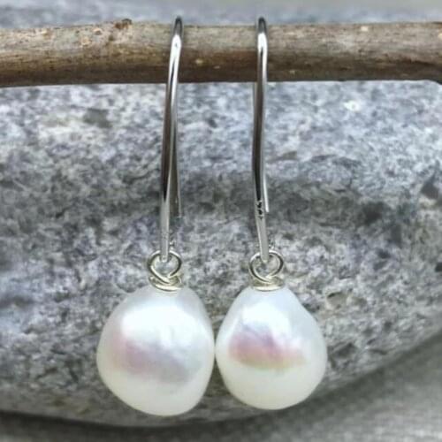 Cultured White Baroque Pearl Earrings Silver Ear Drop Dangle Hook Gift AAA Cultured Luxury Hoop Women Wedding Classic Earbob