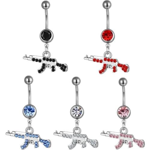 14G Double Gun Zircon Belly Button Rings Umbilical Piercing Pistol Navel Ring Ombligo Ring Jewelry Gift Piercing AK Gun Belli