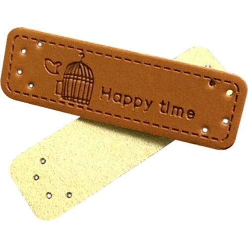 Bird Logo Hand Made Leather Labels With Happy Time For Family Handmade Leather Tag For Love Needlework Accessories Gift Label