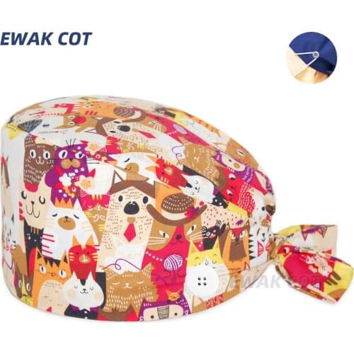 Colorful cat printing surgicals caps With buttons nursing head cap lab scrub pet shop surgicals hat Unisex Dentist scrub cap