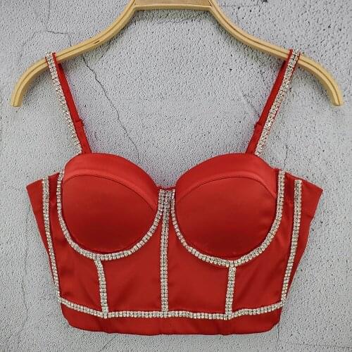 Fashion Red Crop Top Satin Rhinestone Diamond Bustier Sexy Corset Camis Summer Tops for Women 2021 Streetwear