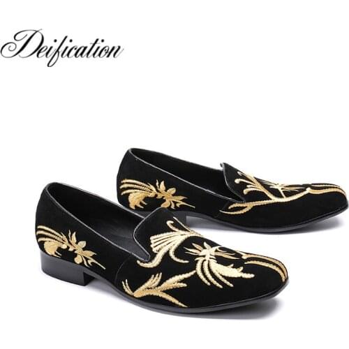 Deification Mocassin Homme Gold Flowers Embroidery Mens Loafers Driving Flats Soft Velvet Slippers Slip On Party Wedding Shoes