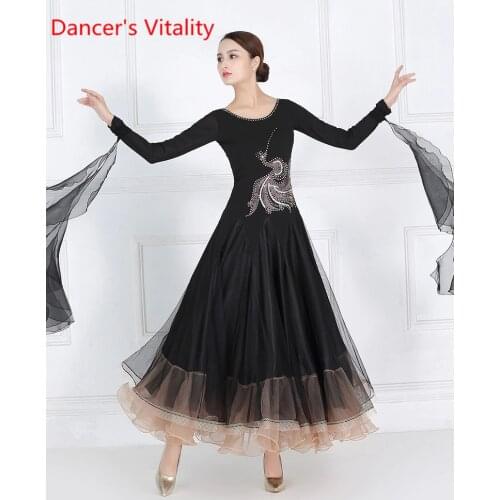 New National Standard Dance Competition Outfits Women Slap-up Glitter Diamond Dress Ribbon Ballroom Waltz Modern Dancing Wear