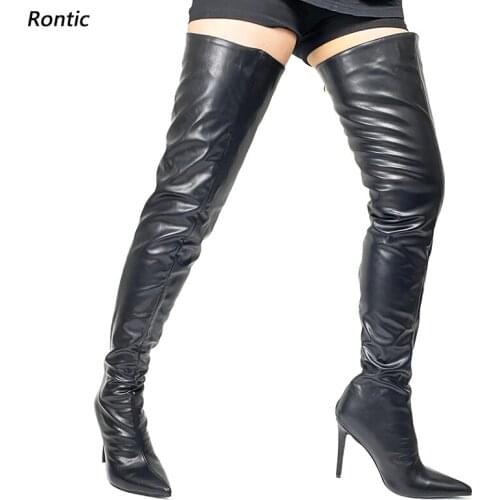 Rontic New Stylish Women Winter Thigh Boots Faux Leather Sexy Stiletto Heels Pointed Toe Boutique Black Party Shoes US Size 5-15