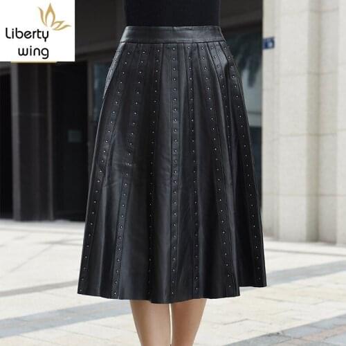 2020 New Arrival Woman Genuine Leather Womens Fashion Punk Rivet High Waist Pleated Skirts Slim Fit Faldas Mujer