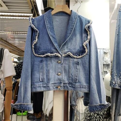 Autumn Fashion Diamond Ruffle Doll Collar Irregular Women Denim Jacket Vintage Black Long Sleeve Casual Kurtka Jeansowa Damska