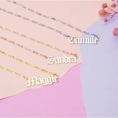 MumuXing Personalized Necklace For Women Custom Name Old English Font Stainless Steel Necklace Figaro Neck Chain Women Jewelry