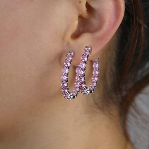 Geometric Big Round circle classic charm hoop earring with Simple Sparking bling PINK cz For Women fashion Party wedding jewelry